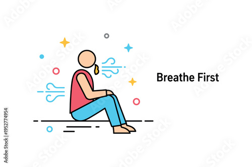 Anger management breathing technique scene featuring a minimal seated figure with soft airflow lines moving in and out, symbolizing calm breathing