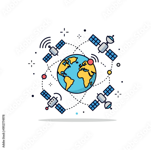 Satellite observation network shown as a small Earth icon surrounded by orbiting satellites with signal lines, expressing global monitoring and space based