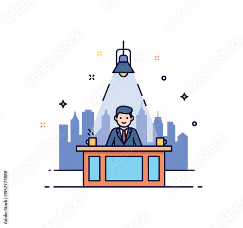 Late night talk show stage featuring a host desk with a city skyline silhouette backdrop and a single spotlight highlighting the center. The composition