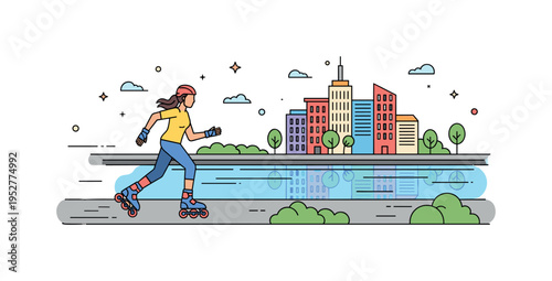 Rollerblading in the city along a tree-lined avenue with small decorative planters, showing healthy urban lifestyle and motion in a calm street setting.