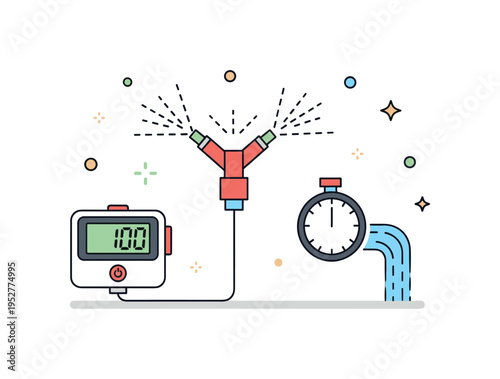 Automated irrigation control system represented by a small digital timer connected to sprinklers and a water flow icon, expressing smart scheduling and