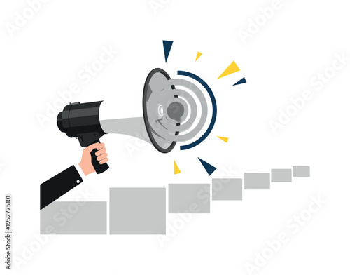 Black and white megaphone held by a safety officer guiding evacuation, structured rectangular blocks and bold circular halos emphasizing communication, flat