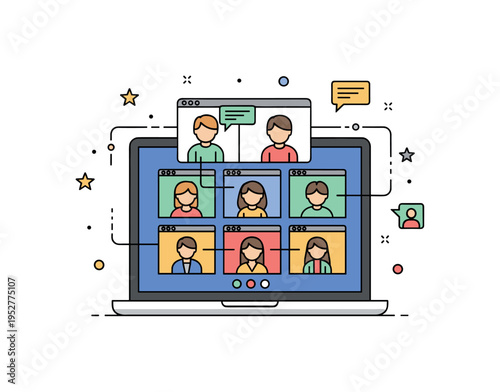 Conference call remote teamwork concept centered on a laptop screen displaying multiple participant windows arranged in a grid, with subtle connection lines