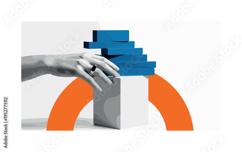 black and white hand resting on geometric cube pedestal wearing smart ring, large orange arc framing lower half of composition, blue rectangular blocks stacked