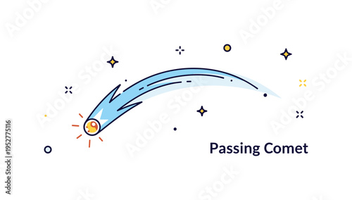 Astronomical events comet flyby concept illustrated by a small glowing nucleus with a curved tail sweeping across the composition, symbolizing speed and cosmic