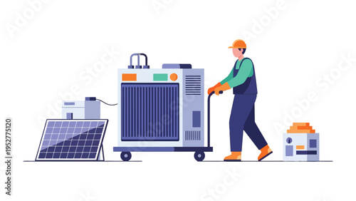 Solar Panel Installation: An industrious technician meticulously transports a solar panel and related equipment, symbolizing renewable energy and sustainable practices.