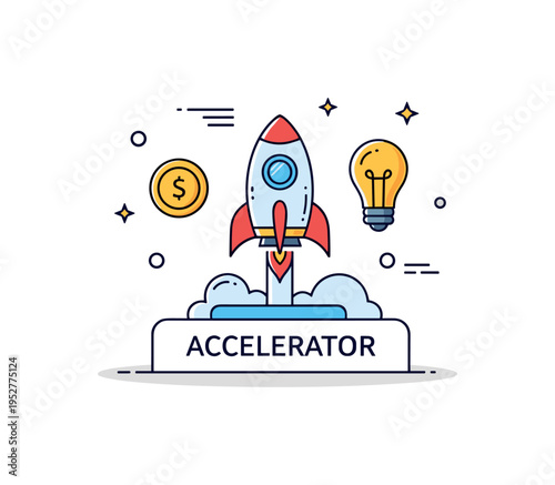 Startup accelerator program small rocket icon launching from a platform labeled Accelerator, coin and lightbulb icons nearby symbolizing funding and