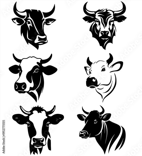 Cow Head Silhouette Set, Black and White Farm Animal Face Collection Vector Illustration