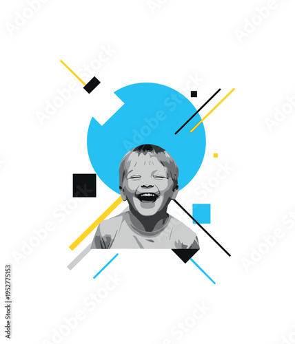 monochrome laughing child seen from slightly below angle, bright sky blue circle behind head suggesting openness, flat abstract blocks and thin diagonal lines