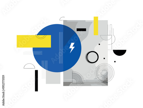 Black and white indie bedroom wall with posters and a small round mirror, oversized cobalt blue circle replacing part of the wall, sharp yellow rectangular