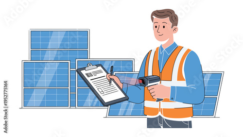 Solar Panel Inspection: An inspector meticulously scans and documents information related to solar panels, ensuring quality control in a sustainable energy environment.