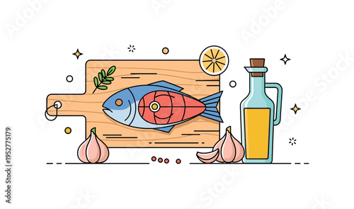 Coastal recipe preparation scene with a fish fillet, small olive oil bottle, and garlic cloves arranged harmoniously to express Mediterranean inspired cooking.