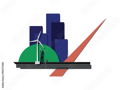 Black and white rooftop scene with a person installing a wind turbine, oversized emerald green semicircle anchoring the turbine blades, deep indigo geometric