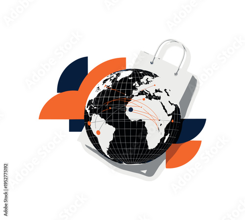 Black and white globe partially covered by abstract plastic fragments, sharp angular blocks and semicircles structuring environmental tension, bright yellow