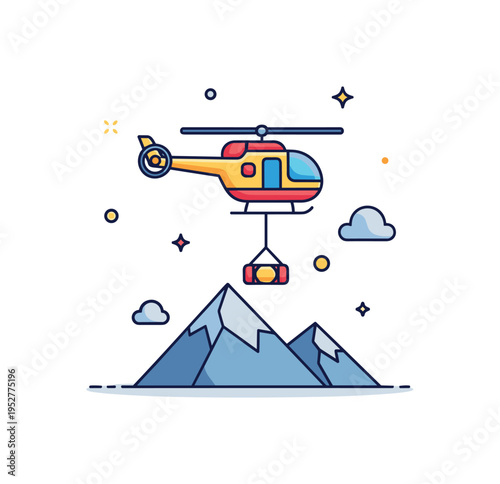 Helicopter rescue compact helicopter hovering above a small mountain peak with a dangling rescue line. A dynamic editorial icon about emergency response and