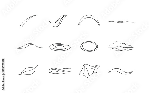 Soft Atmospheric Elements. Minimalistic set one-line drawing vapor trail curve, flowing hair strand, light beam arc, haze horizon line, smooth sand dune curve,