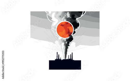 Black and white upward view of steam dramatically expanding into the sky, bold orange circle intersecting the vapor mass, deep navy rectangular base supporting