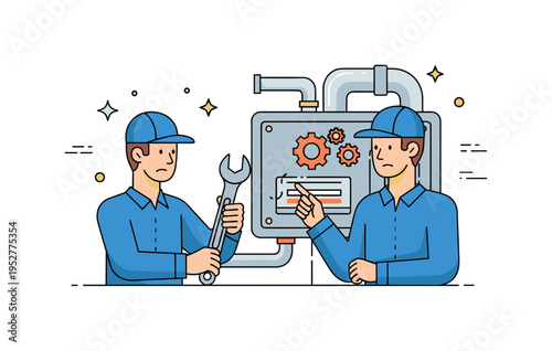 Technician using a wrench and checking a machine panel with gears and pipes, small decorative stars highlighting careful maintenance and industrial efficiency.