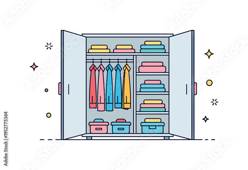 Open wardrobe door interior view showing hanging shirts and stacked shelves arranged neatly, conveying organization, personal style and daily routine