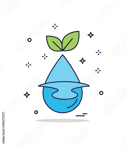 Waterbody conservation awareness theme illustrated by a droplet shape forming a small lake silhouette with a protective leaf icon above. The composition