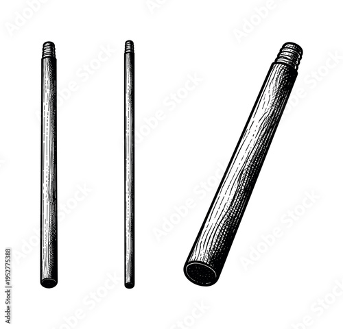 Broom wooden handle A realistic wooden broom handle with smooth cylindrical form shown in three views: full-length view, side thickness view, and angled