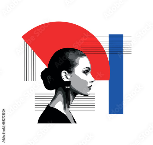 Black and white dramatic side profile with slick hairstyle and bold earrings, bright red semicircle echoing the head shape, blue vertical rectangular accent