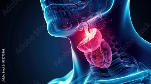 Medical illustration of Thyroid Cancer, a malignant tumor arising from thyroid tissue in the neck, with common types including papillary, follicular, medullary and anaplastic thyroid cancer. 
