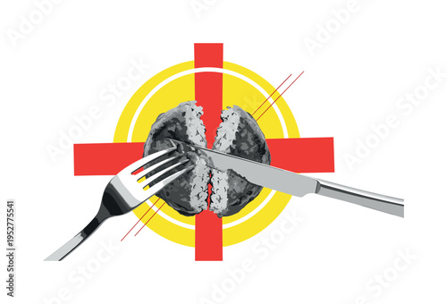 monochrome fork cutting into zucchini fritter revealing texture, bright yellow circular halo and red abstract bars intersecting composition, subtle diagonal