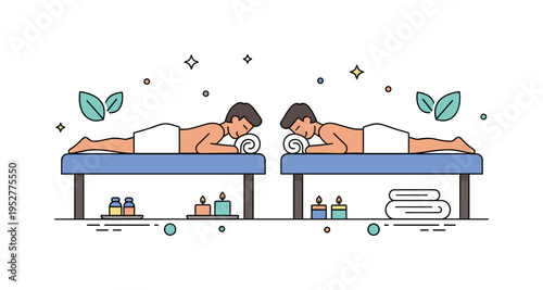 Couples spa day relaxation couple lying side by side on massage tables with small candles and folded towels nearby, subtle leaf accents expressing calm and