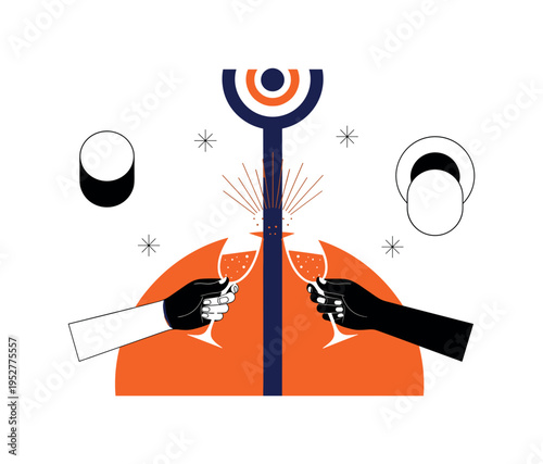 Black and white hands raising glasses in celebration, bold orange semicircle rising behind like symbolic fireworks, thin navy vertical stripe