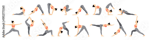 Set of slim woman doing yoga asana poses. Vector illustration