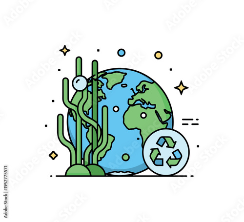 Sustainable future with algae stylized globe partially covered by green aquatic strands and a small recycle icon, symbolizing eco innovation and environmental