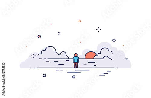 Lonely horizon scene showing a single figure standing beneath a wide open sky with a distant fading sun, symbolizing finality, reflection, and quiet endurance