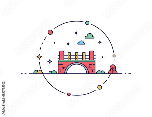 Rural pathway concept badge stylized bridge icon inside circular frame with subtle star accents, capturing transition, journey, and simple outdoor living.