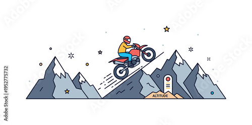 Mountain pass adventure rider leaning into a sharp curve between high rocky peaks with a subtle altitude marker, highlighting adrenaline, elevation, and
