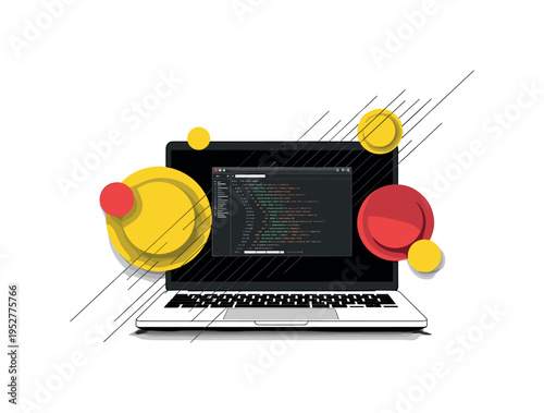 Black and white laptop centered in composition with floating terminal window, combined with overlapping yellow and red circles representing libraries and
