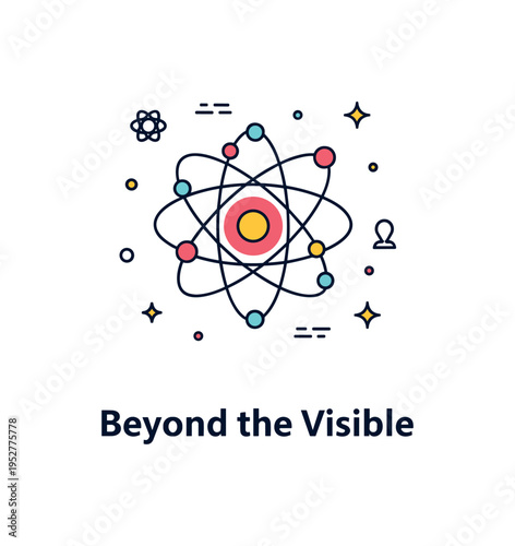 Scientific discovery particle physics idea centered on a compact atom icon with orbiting dots, expressing fundamental research and the quest to understand
