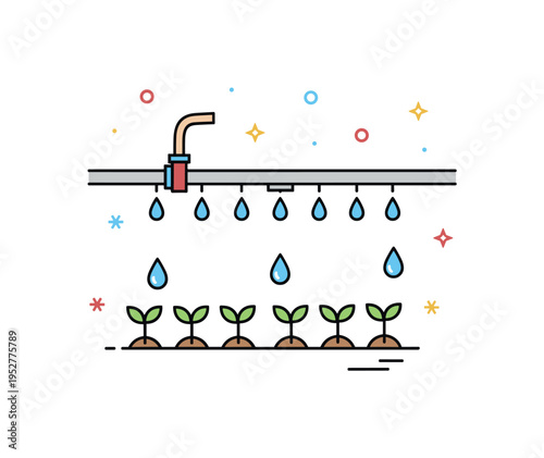 Drip irrigation technology illustrated by a simple hose with evenly spaced droplets feeding individual seedlings, symbolizing precision watering and resource
