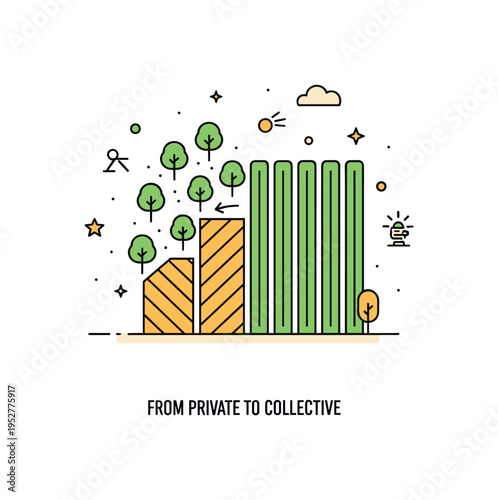 Communal rural transformation theme centered on small individual plots merging visually into one large field shape, expressing transition and consolidation. A