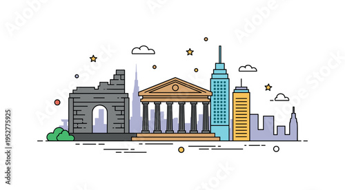 World landmarks cultural heritage concept showing a harmonious blend of ancient ruins, a temple silhouette, and a contemporary skyline element. The compact