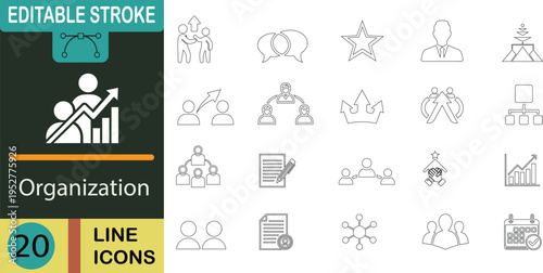 A comprehensive collection of twenty professional line icons representing business organization