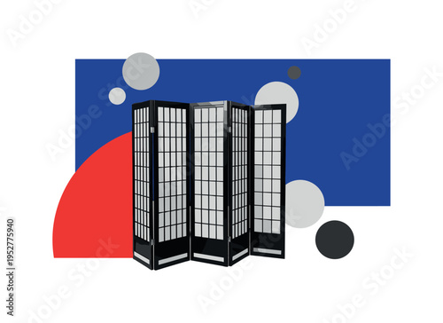 Black and white portable folding screen separating a workspace and bedroom area, oversized deep blue rectangular block contrasting behind the divider, sharp