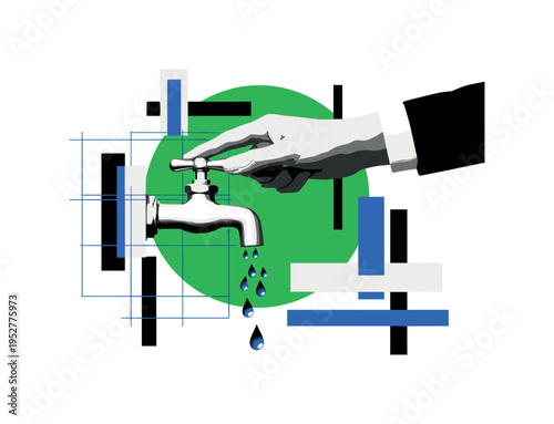 Black and white silhouette turning off a tap firmly, bold green semicircle behind symbolizing eco action, thin blue grid lines referencing resource management,