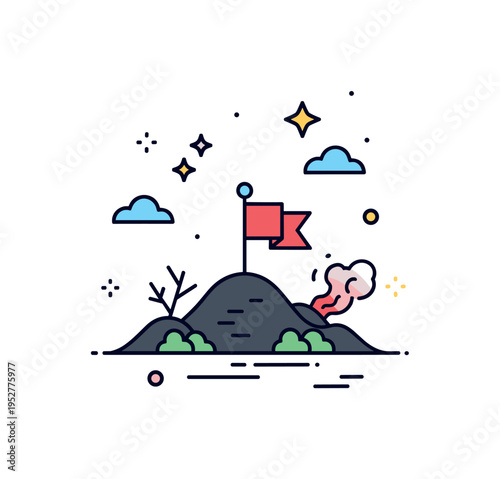 Symbol of resilience after conflict illustrated by a small hill silhouette with a raised flag and subtle star accents in the sky, expressing hope and renewed