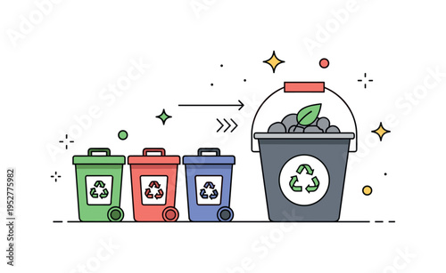 Compost and waste sorting at home illustrated with small labeled bins and a compost bucket featuring a leaf icon, symbolizing responsible disposal and circular