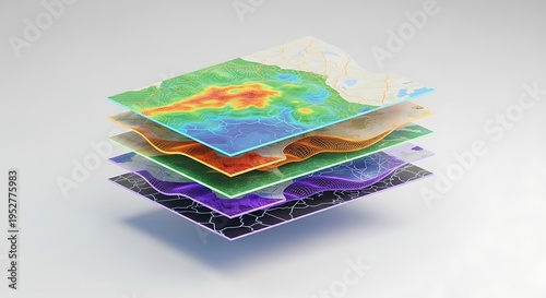 Multi-layered digital maps showcasing diverse data visualizations for geographic information systems and spatial analysis concept, representing complex information architecture