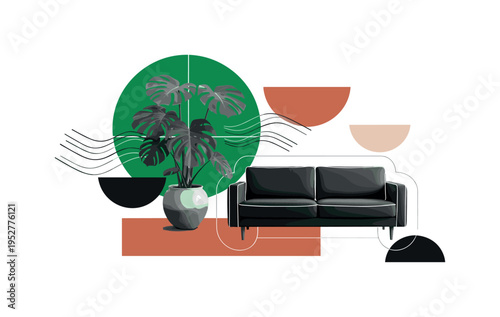 Black and white modern living room interior with a unique sculptural wall clock as the focal point, oversized geometric circular frame in deep blue behind the