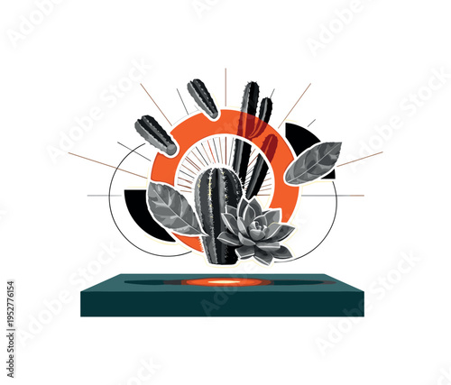 Black and white surreal composition of floating cactus segments and succulent leaves, bright orange circular halo central focus, deep teal rectangular platform