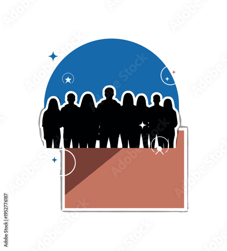 Black and white group silhouette standing side by side, bold blue semicircle framing the upper composition, muted terracotta geometric block anchoring lower