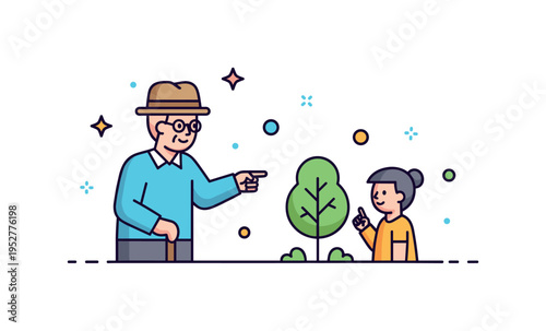 Nature exploration badge featuring a grandparent pointing toward a small tree while a child listens attentively. The composition communicates curiosity,